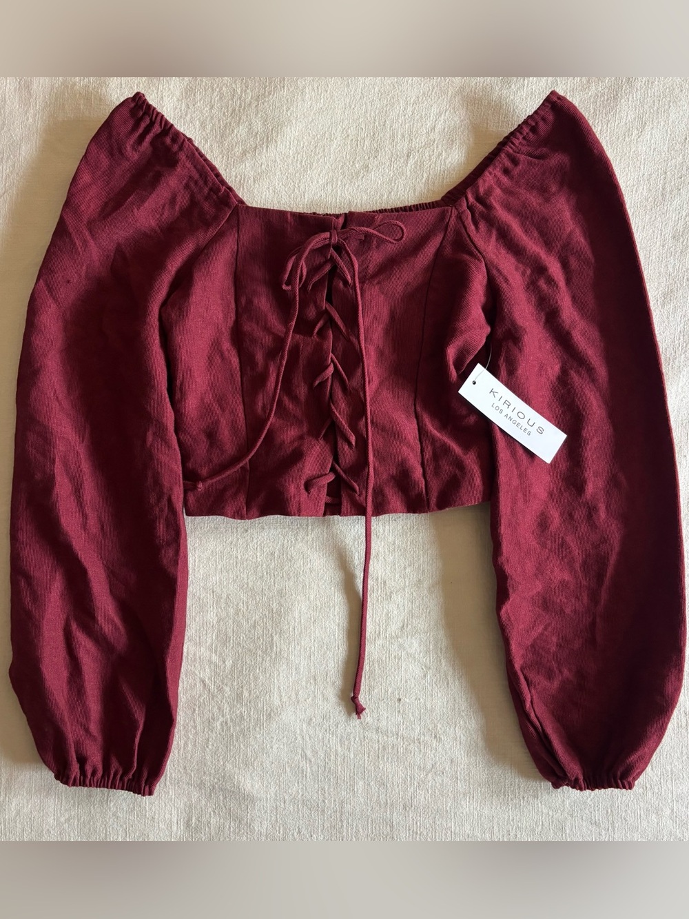 Kirious Los Angeles Burgundy Lace Up Corset Puff Sleeve Crop Top Size Small